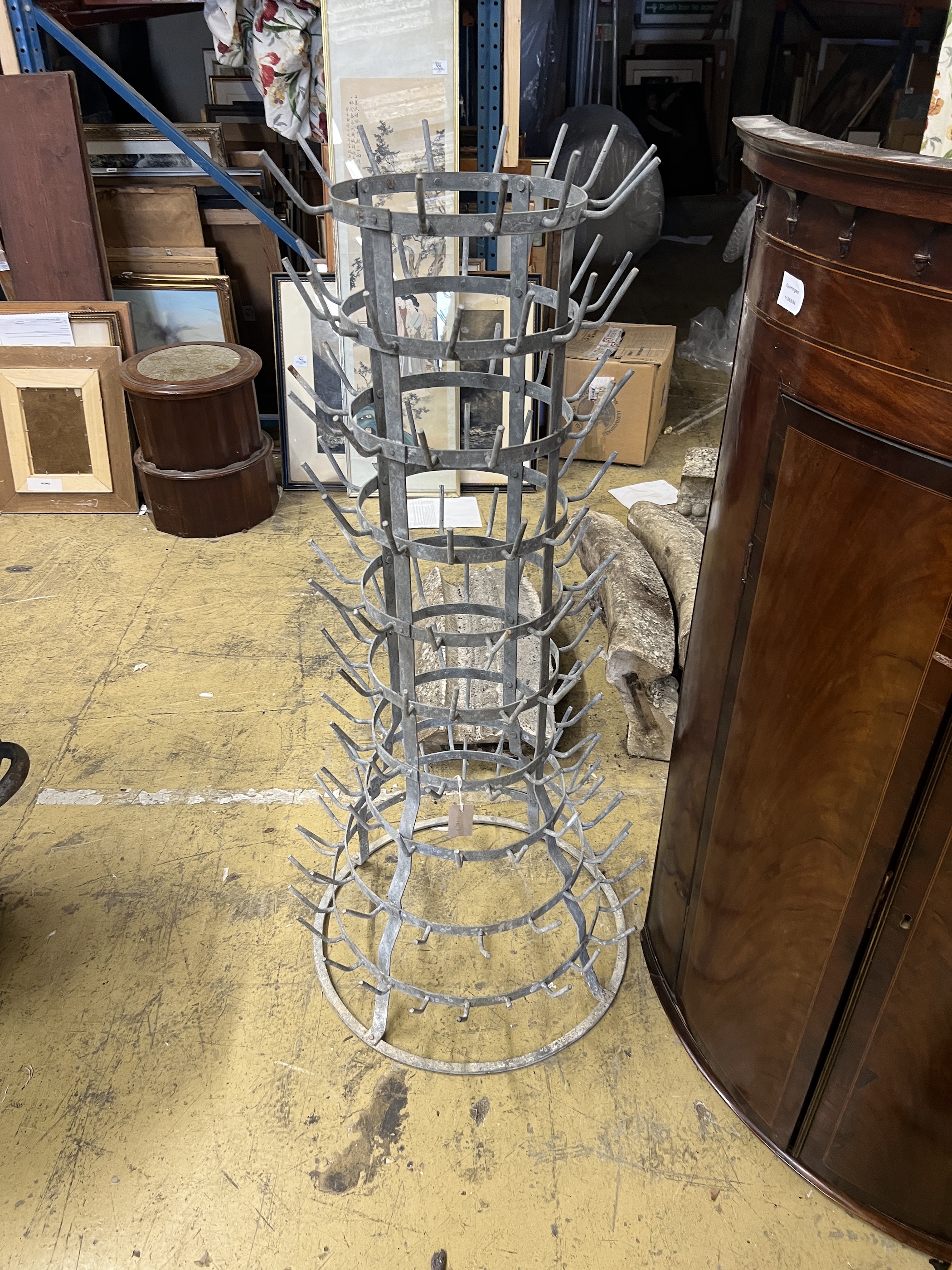 A French vintage galvanised wine bottle drying rack, height 120cm